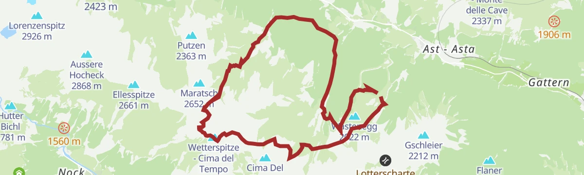 Route map: From the Mountain hut Edelweiß/Stella Alpina to the peak Wetterspitze/Cima del Tempo
